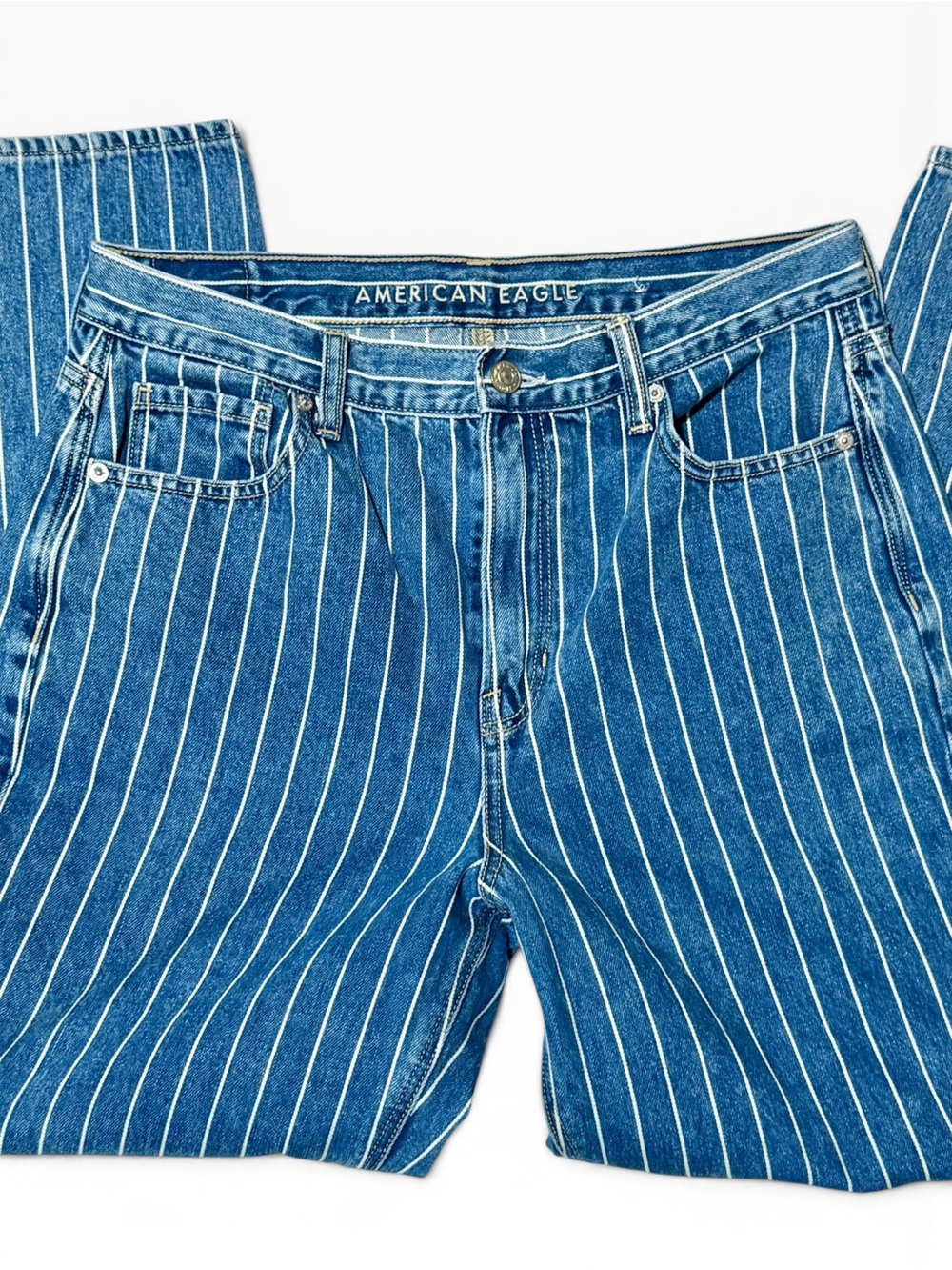 American Eagle Blue & White Vertical Stripe Denim Jeans High Rise Size 10